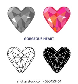 Low poly colored & black outline template fancy gem cut icons isolated on white background, vector illustration