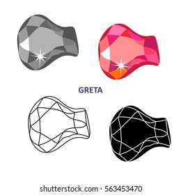 Low poly colored & black outline template fancy gem cut icons isolated on white background, vector illustration