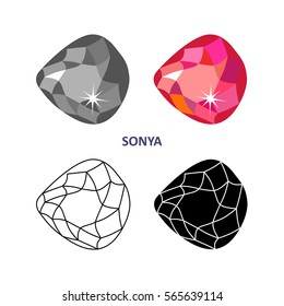 Low poly colored & black outline template fancy gem cut icons isolated on white background, vector illustration