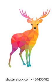 Low poly colored character of deer. Designs for xmas. Christmas colorful illustration in polygonal style. Isolated on white background.