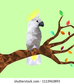 Low poly colorful Cockatoo bird with tree on back ground, birds on the branches ,animal geometric concept,vector