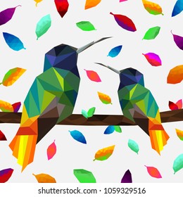 low poly colorful hummingbird with falling leaves back ground,animal geometric,Abstract vector.