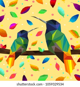 low poly colorful hummingbird with falling leaves back ground,animal geometric,Abstract vector.
