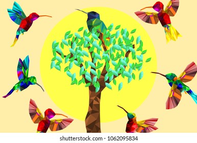 Low poly colorful Hummingbird with tree on falling leaves back ground, birds on the branches ,animal geometric concept,vector.	
