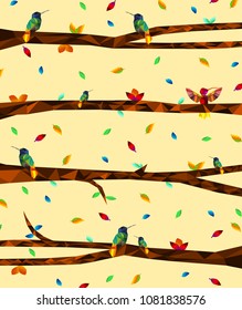 Low poly colorful Hummingbird with tree on falling leaves back ground, birds on the branches ,animal geometric concept,vector.	
