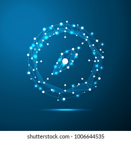Low poly compass in the form of a starry sky or space, consisting of points, lines, and shapes in the form of planets, stars and the universe