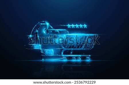Low poly composition from shopping cart, price tag, 5 star review, chat bubbles, credit card and receipt. Geometric background depicting consumerism, black friday, online shopping concept by wireframe