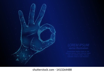Low poly concept illustration, hand showing gesture OK, on ​​dark blue background.