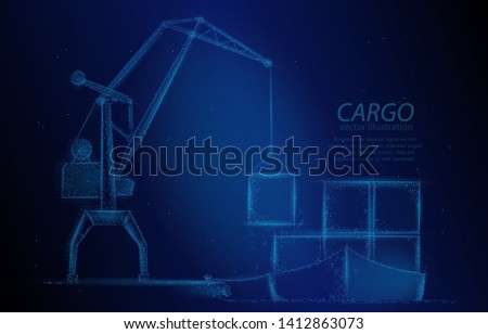 Low poly concept illustration, port crane unloads ship with cargo, on dark blue background.