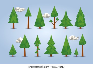 low poly conifer trees set for poster designs, banners, flyer, website designs and christmas backgrounds