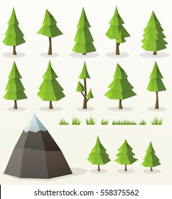 low poly conifer trees set for poster designs, banners, flyer, website designs and christmas backgrounds