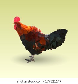 Low poly Copper Black Maran rooster. Chicken made with triangles. Vector design.