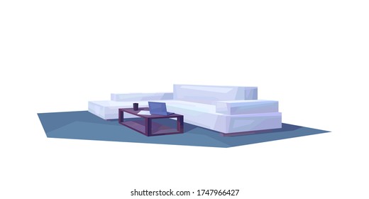 low poly corner couch with coffee table, laptop, glass, living room interior, isolated furniture, vector, illustration