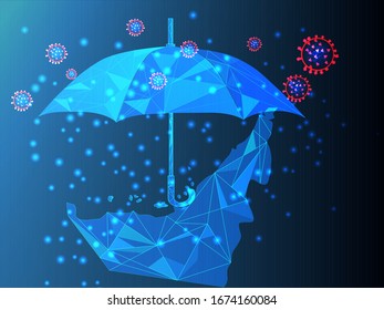low poly corona virus illustrated with a map of the United Arab Emirates (UAE) map and umbrella