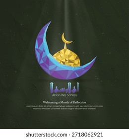 Lua e Mesquita do Crescente Poli Inferior para Ocasiões Islâmicas, Ramadã, Eid e Celebrações Espirituais. Ideal para cartazes, banners, cartões de saudação, visuais de mídia social, projetos digitais ou de impressão.