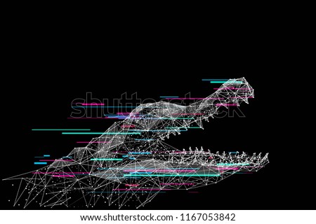 Low poly Crocodile. Abstract mash line and point origami on black background with an inscription. Vector polygonal illustration with glitch effect. Wild animal art