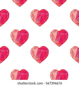 Low poly crystal bright pink hearts seamless pattern. Good for Valentine's day, gifts, packs, wallpaper, invitations. Vector illustration.