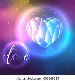 Low poly crystal heart on cosmos galaxy background. Love calligraphy sigh. Vector design elements