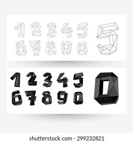 Low poly crystal numbers set, collection, geometric vector typography. 