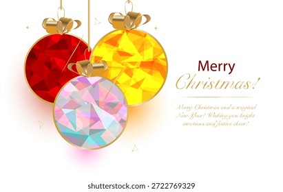Low poly crystal winter holiday card with Christmas decorations and New Year's greeting