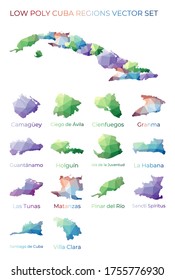 Low poly Cuba regions vector set. Polygonal map of Cuba with regions. Geometric maps for your design. Trendy vector illustration.