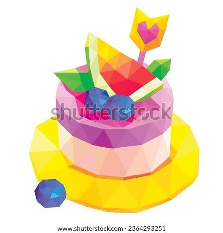 Low Poly cupcake, watermelon and blueberry on white background