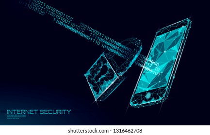 Low poly cyber safety padlock on smartphone data. Internet security lock information privacy polygonal future innovation technology. Network antivirus concept blue vector illustration