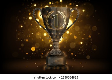 Low Poly Dark Trophy with Gold Spark Background, Polygonal Geometric Vector Illustration