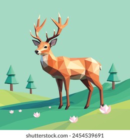 Venado bajo poli con flores y Ilustración vectorial de estilo geométrico poligonal de naturaleza