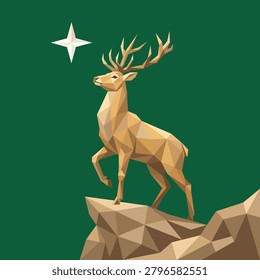 Low Poly Deer Standing on Mountain Cliff Vector Illustration – Geometric Stag Wildlife Art