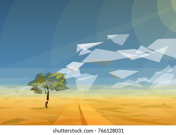 Low poly desert landscape vector background. Polygonal sand with lonely tree and road. Sunshine summer wallpaper. Eps10 vector illustration.