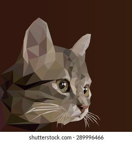 Low poly design. Abstract vector Illustration, low poly style. Stylized design element. Logo design with kitten. Polygonal brown cat illustration.