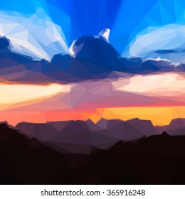 Low poly design of the beautiful sunset in mountains