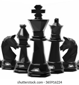 Low poly design of black chess figures isolated on white background