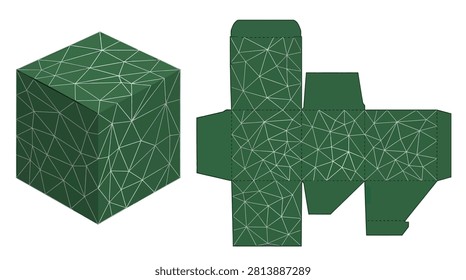 Low poly design packaging set including 3D box and flat net layout for crafts.