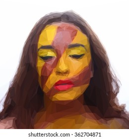 Low poly design triangular girl portrait africa Indian ink