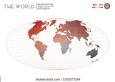 Low poly design of the world. Aitoff projection of the world. Red and Grey colored polygons. Creative vector illustration.