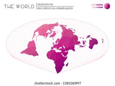 Low poly design of the world. Allen K. Philbrick's Sinu-Mollweide projection of the world. Red and purple colored polygons. Contemporary vector illustration.