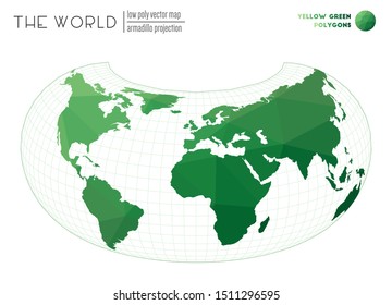 Low poly design of the world in Armadillo projection. Yellow-green colored polygons in a stylish vector illustration.