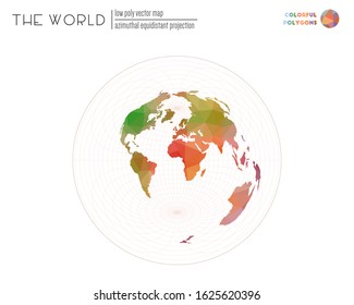 Low poly design of the world. Azimuthal equidistant projection of the world. Colorful polygons. Modern vector illustration.