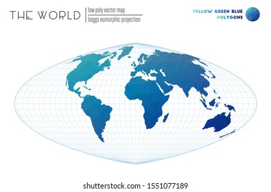 Low poly design of the world. Boggs eumorphic projection of the world. Yellow, green, blue colored polygons. Contemporary vector illustration.