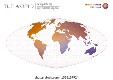 Low poly design of the world. Boggs eumorphic projection of the world. Purple and orange colored polygons. Stylish vector illustration.