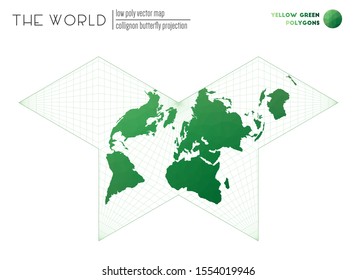 Low poly design of the world. Collignon butterfly projection of the world. Yellow Green colored polygons. Modern vector illustration.