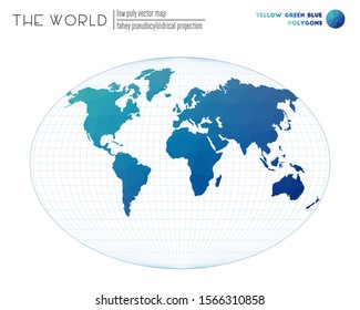 Low poly design of the world. Fahey pseudocylindrical projection of the world. Yellow Green Blue colored polygons. Trending vector illustration.