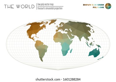 Low poly design of the world. Foucaut's sinusoidal projection of the world. Brown Blue Green colored polygons. Modern vector illustration.