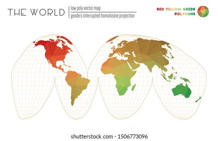 Low poly design of the world. Goode's interrupted homolosine projection of the world. Red, yellow, green colored polygons. Elegant vector illustration.
