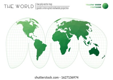 Low poly design of the world. Goode's interrupted Mollweide projection of the world. Yellow Green colored polygons. Beautiful vector illustration.