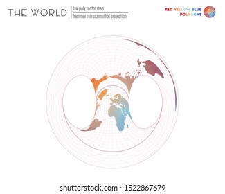 Low poly design of the world. Hammer retroazimuthal projection of the world. Red, Yellow, and Blue colored polygons. Energetic vector illustration.