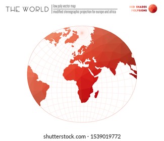 Low poly design of the world. Modified stereographic projection for Europe and Africa of the world. Red Shades colored polygons. Trending vector illustration.