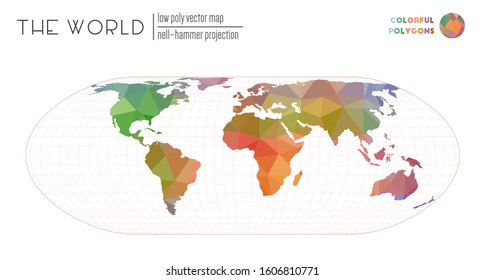 Low poly design of the world. Nel-Hammer projection of the world. Colorful colored polygons. Trending vector illustration.
